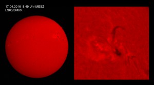 Sonne im H-alpha Licht am 17.04.2016 und Ausschnittvergrößerung
